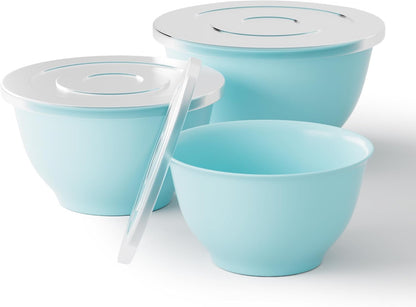 TP Large Mixing Bowl Set with Lids, Melamine Nesting Bowls Set for Pasta Baking Salad Mixing, Set of 3, Glossy Turquoise