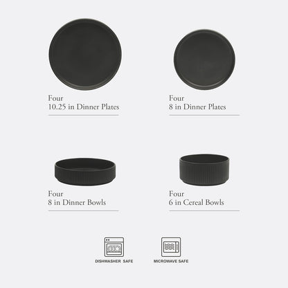 Gibson Elite Deerfield 16-Piece Stoneware Dinnerware Set – Matte Black Reactive Glaze Plates and Bowls, Stackable, Modern Design, Service for 4 – Microwave & Dishwasher Safe
