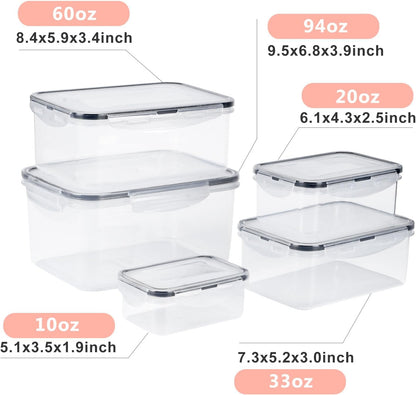 5 PCS Plastic Containers with Lids 94oz-10oz Freezer Containers for Food Storage，Airtight Fruit and Vegetable Storage, Microwave Safe Stackable Storage for Snack Sandwich