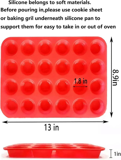 Mini Muffin &Cupcake Set, 24 Cups 2-Pieces, Nonstick Silicone Baking Pan, BPA Free and Dishwasher Safe, Great for Making Muffin Cakes, Tart, Bread (24 Cups Red,2 PCS)