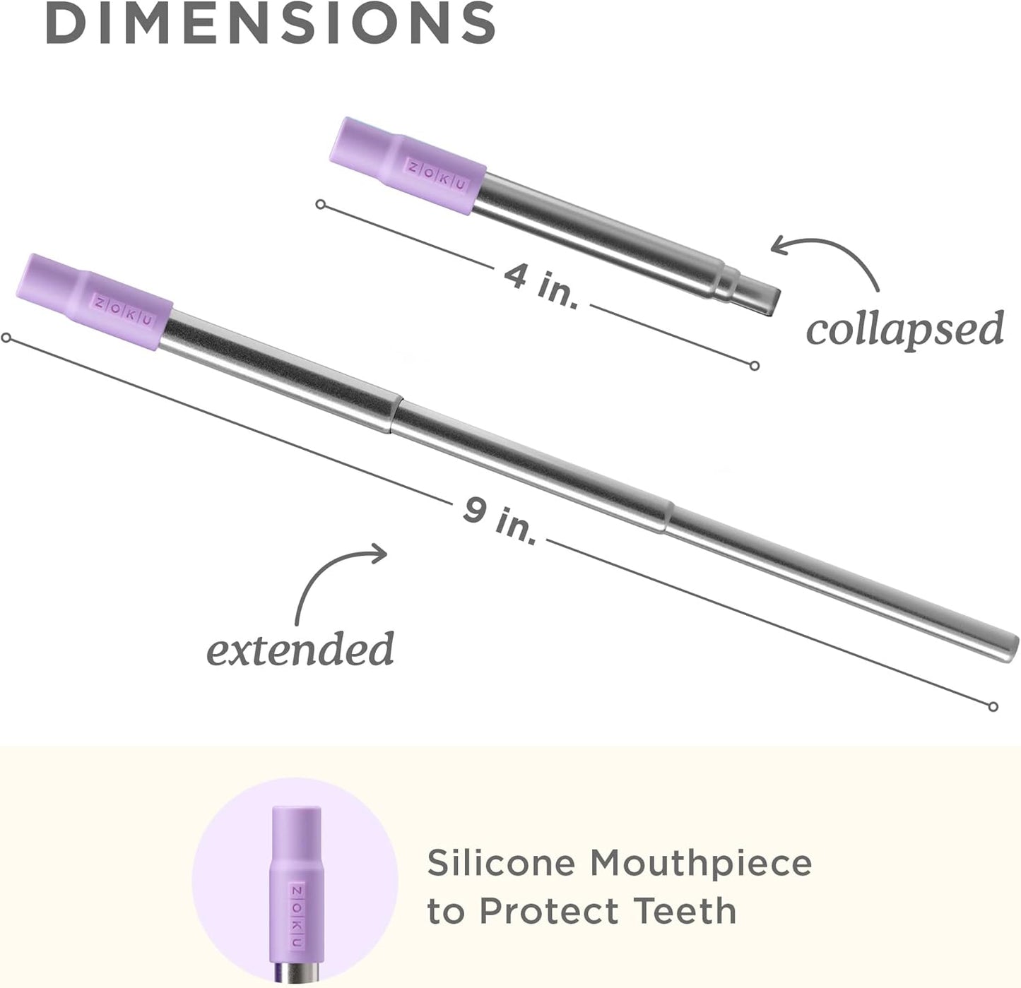 ZOKU Reusable Metal Straw with Case for Travel, Purple - Collapsible Stainless Steel Drinking Straw with Silicone Tip and Cleaner Brush, Ideal for Key Chains, Pockets, Purses