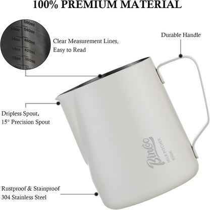 Milk Frothing Pitcher - 350ml Milk Frother Cup for Latte Art, SUS 304 Stainless Steel, Barista-Grade Coffee Milk Jug with Measurement Markings & Precision Spout