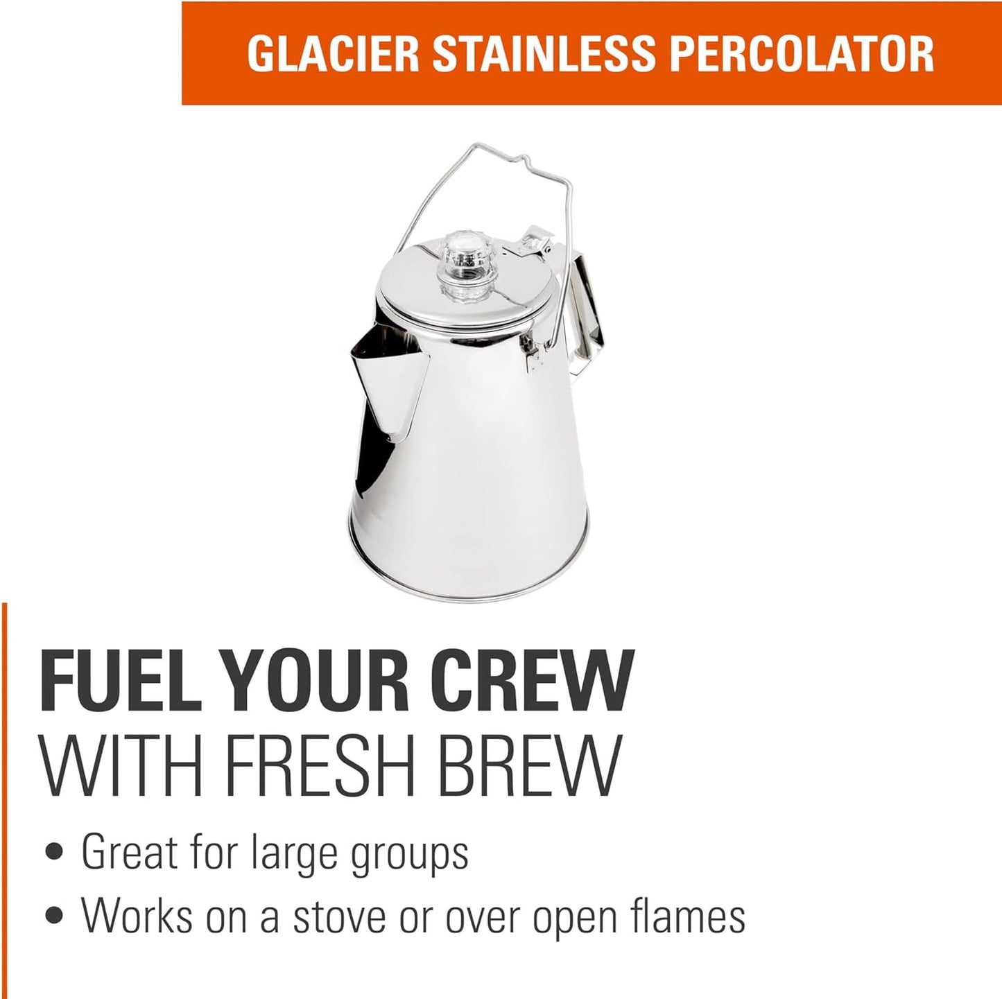 GSI Outdoors Percolator Coffee Pot I Glacier Stainless Steel Ultra-Rugged for Brewing Coffee Over Stove and Fire | Ideal for Group Camping, 8 Cup