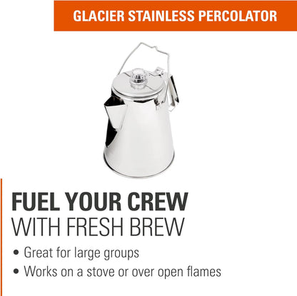 GSI Outdoors Percolator Coffee Pot I Glacier Stainless Steel Ultra-Rugged for Brewing Coffee Over Stove and Fire | Ideal for Group Camping, 28 Cup