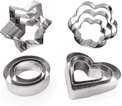 MCIGICM Cookie Cutters Shapes Baking Set, 12PCS Flower Round Heart Star Shape Biscuit Stainless Steel Metal Molds Cutters for Kitchen Baking Halloween Christmas