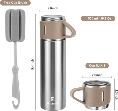 Stainless Steel Thermo 500ml/16.9oz Vacuum Insulated Bottle with Cup for Coffee Hot drink and Cold drink water flask.(Brown,Set)