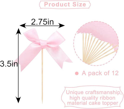 Pink Bow Cupcake Toppers,12 PCS Pink Birthday Decoration,Bow Themed Party Decorations Coquette Birthday Cake Decoration for Bachelorette Bridal Engagement Wedding Baby Shower Party Decor