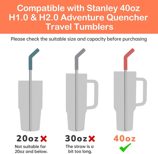 Tomorotec 6PCS Stainless Steel Straws with Silicone Tips Fit for Stanley 40oz Tumbler, 13-Inch Reusable Straw Set with Colorful Extenders & 2 Brushes, Compatible with Wide Mouth Cups (Dark Morandi)
