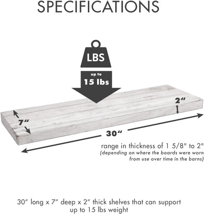 Urban Legacy Reclaimed Barnwood Planks | Floating Shelves for Wall w/Flush Mount Shelf Bracket Set Included | Set of 2 (White Wash, 30"x7"x 2")