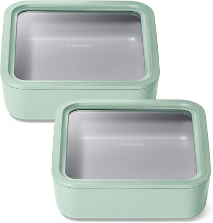 Caraway 2pc Glass Food Storage Set - 10 Cup Food Containers (2) - Ceramic Coated - Non Toxic, Non Stick Lunch Box with Lids. Dishwasher, Oven, & Microwave Safe - Mist