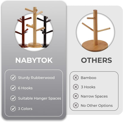 Pack 2 Mug Tree 6 Hooks Rubberwood 13.5"x7"x7", Strudy & Thick Base, Large & Small Cup Holder Tree Wooden for Jewelry, Kitchen Tools, Pantry, Ornaments, Countertop, Table Organizer (Natural)