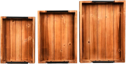 Coffee Table Tray Decorative Nested Vintage Wood Serving Tray Set for Eating, Breakfast, Party, Kitchen, Ottoman,Tea Coffee Table Large Ottoman Trays (Wood, 3Pc)