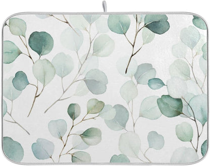 Sage Green Leaves Dish Drying Mat for Kitchen Counter Watercolor Branch Plant Drying Mat 18 x 24 Inch with High Absorbent Reversible Microfiber Dish Drying Pad Drainer Mat for Coffee Bar