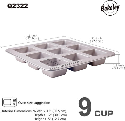 Brownie Cake Pan, 9-Cavity Non-Stick Square Muffin Pan Blondie Bakeware for Oven Baking (Champagne Gold)