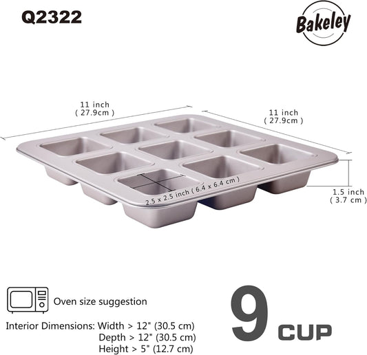 Brownie Cake Pan, 9-Cavity Non-Stick Square Muffin Pan Blondie Bakeware for Oven Baking (Champagne Gold)