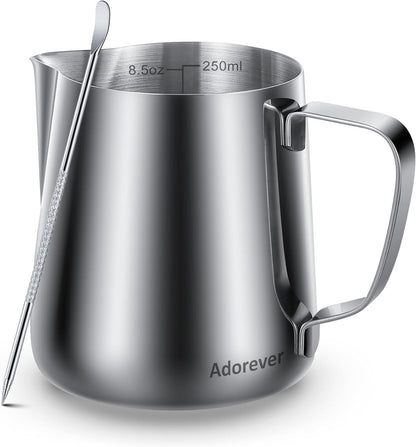 Milk Frothing Pitcher, 8.5oz / 250ml Steaming Pitcher Stainless Steel Espresso Machine Accessories for Coffee Bar, Cappuccino Barista Tools Milk Jug Steamer Frother Cup with Latte Art Pen