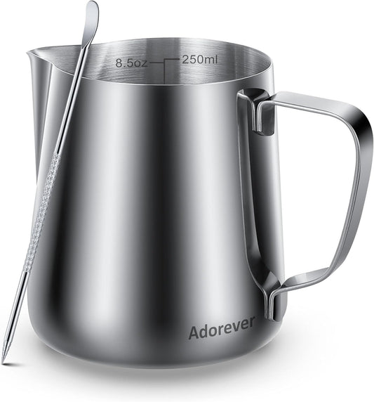 Milk Frothing Pitcher, 8.5oz / 250ml Steaming Pitcher Stainless Steel Espresso Machine Accessories for Coffee Bar, Cappuccino Barista Tools Milk Jug Steamer Frother Cup with Latte Art Pen