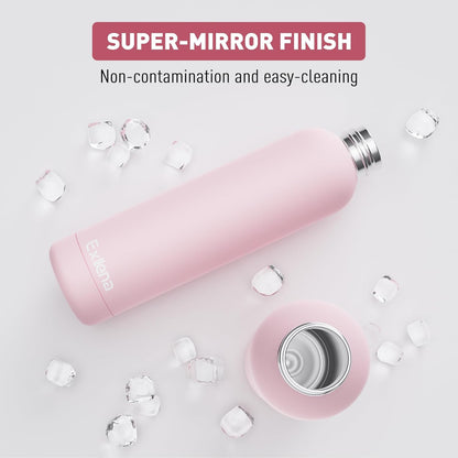 Slim Insulated Water Bottles for Travel 32oz with Clip, Double Wall Vacuum Stainless Steel Water Bottle Keeps Drinks Cold 24 Hrs/Hot 12 Hrs, 100% Leakproof, BPA Free(Pink)