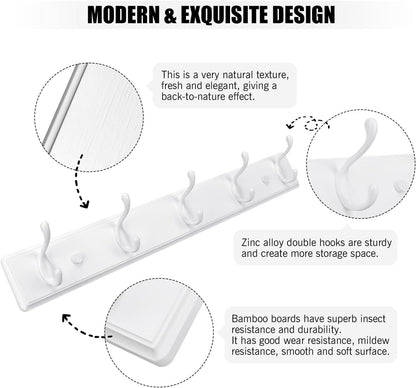 Wooden Coat Rack, Wall-Mounted Organizer for Closet, Entryway, Hallway, Foyer, Bedroom, Heavy Duty Double Hooks for Hanging Towels, Bags, Hats, Jackets, Key (White, 5 Hooks)