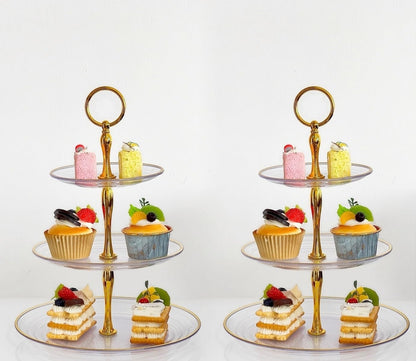 2 Pack of Dessert Cupcake Stand with Gold Trim, 3 Tier Cup Cake Holder Tower for Tea Party, Birthday, Wedding, Plastic Tiered Serving Tray, Clear