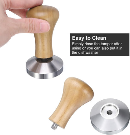 uxcell 53mm Espresso Tamper, Stainless Steel Press Tool Tamper with Wooden Handle, Espresso Accessories for Baristas, Home, Shops, Cafe (Flat Base, Light Wooden)