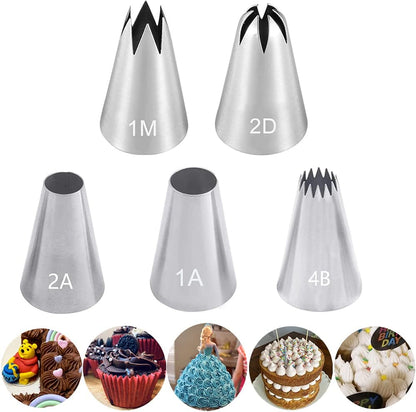 Large Piping Tips Set for Cake Cupcake Decorating,Stainless Steel Icing Piping Nozzles,5 Decorating Tips Pastry Tips Frosting Tips for Cream Rose Flower Meringue Cookie Decoration,#1A 1M 2A 2D 4B