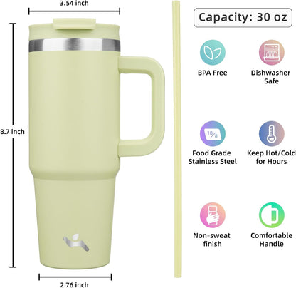 30 oz Tumbler with Handle and 2 Straws,2 in 1 Lid Insulated Water Bottle Stainless Steel Travel Coffee Mug,Macaron Green