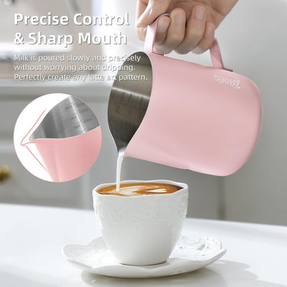 Pink Milk frother - 350ml/12OZ Milk Frothing Pitcher, Milk Frother Cup Espresso Steaming Pitcher for Barista, Bincoo 304 Stainless Steel Espresso Steaming Pitchers for Latte Art/Cappuccino/Coffee/Milk