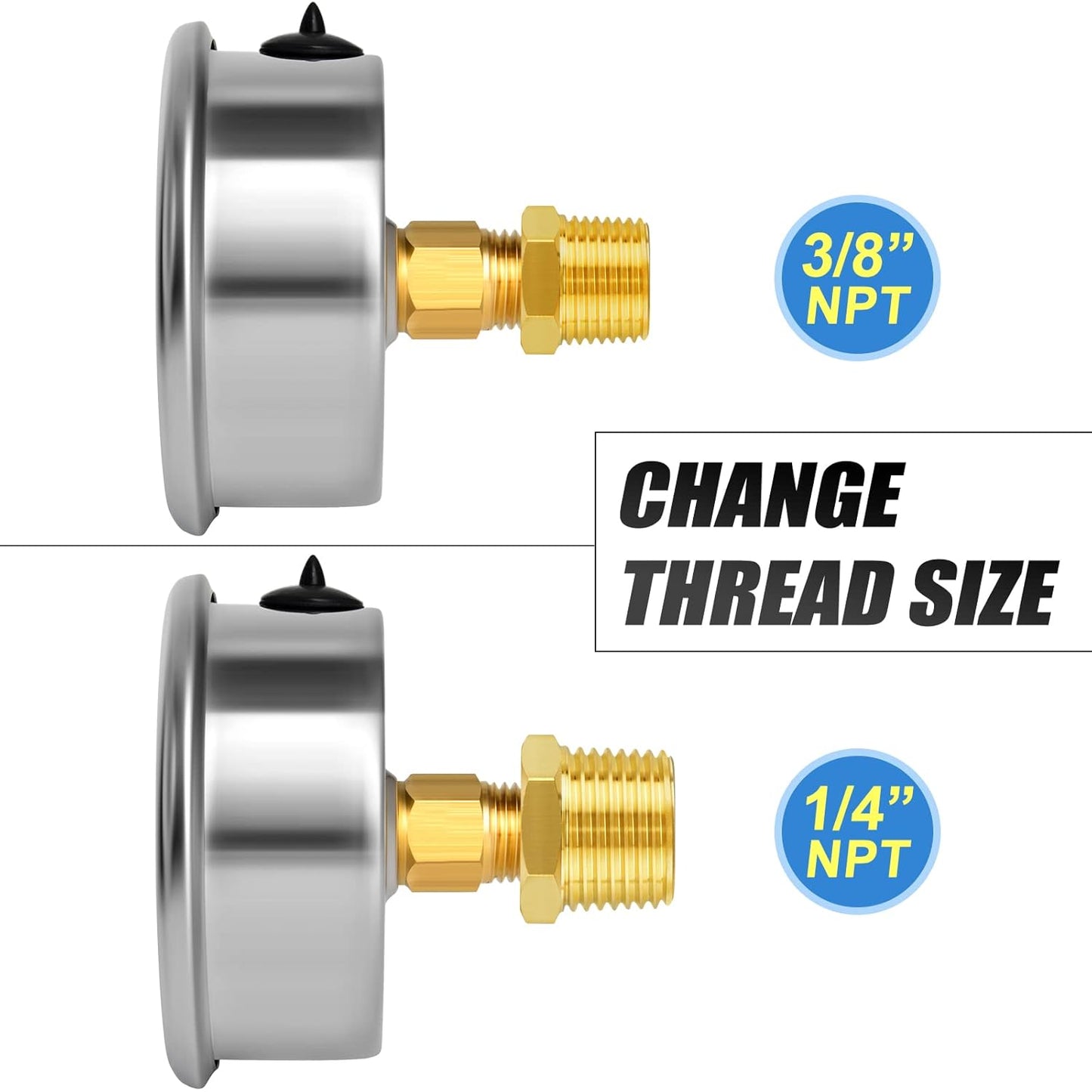 MEANLIN MEASURE -30inHG~60Psi Stainless Steel 1/8" NPT 2.5" FACE DIAL Vacuum Pressure Gauge, Center Back Mount, with 1/4" NPT and 3/8" NPT Hex Bushing