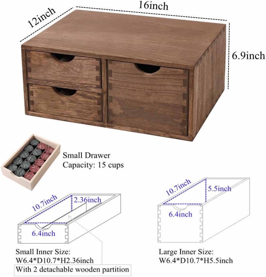 Coffee Pods Storage Drawer Holder for Capsules - Multi Functional Desk Organizer Drawers For K cups Coffee Maker Brew - Kitchen Mini Wooden Box Chest Sideboard Counter Organization CF2D3C Dark