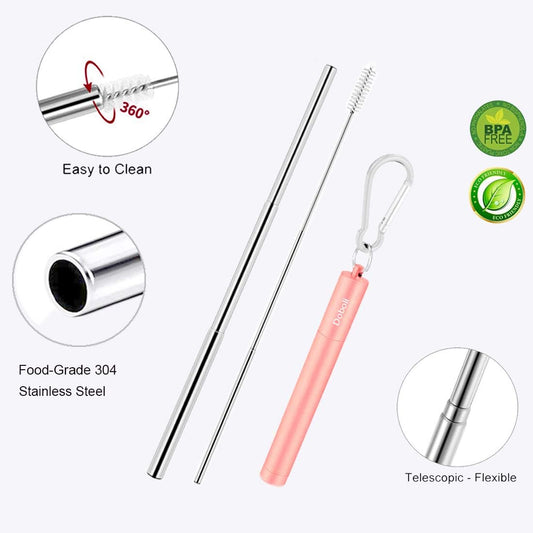 2 Pack Reusable Metal Straws Collapsible Stainless Steel Drinking Straw Travel Portable Telescopic Straw with Case for Cruise Ship Essentials Black/Rose Gold