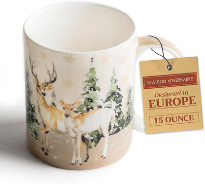 Maison d' Hermine Coffee Mug with Handles Fine Bone China Mugs Pack of One Tea Cups for Hot Beverages Cappuccino Latte Home Office Perfect for Gift (Deer In The Woods - Forest Deer, 15 Ounce)