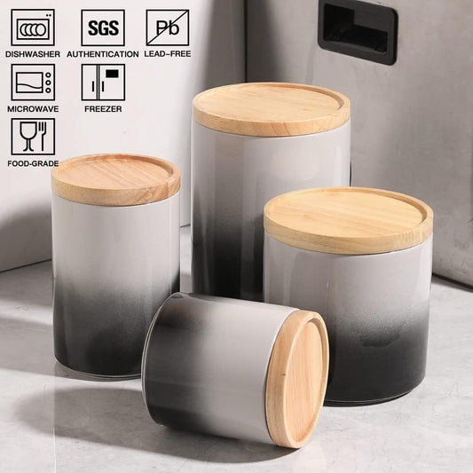Sweejar Ceramic Food Storage Jar, Stackable Kitchen Canisters, Containers with Airtight Seal Wooden Lid for Serving Ground Coffee, Tea, Sugar, Salt and More - 16 Fl Oz (Gradient Gray)