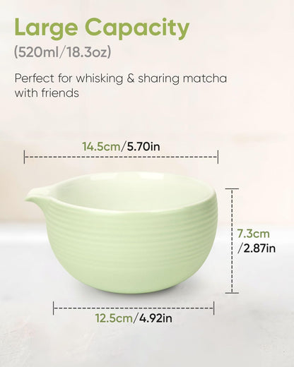 Matcha Bowl and Whisk Holder Set, Ceramic Tea Bowl and Whisk Stand, Matcha Tea Mixing Bowl with Spout (18 Ounce), Whisk Rest, Light Green