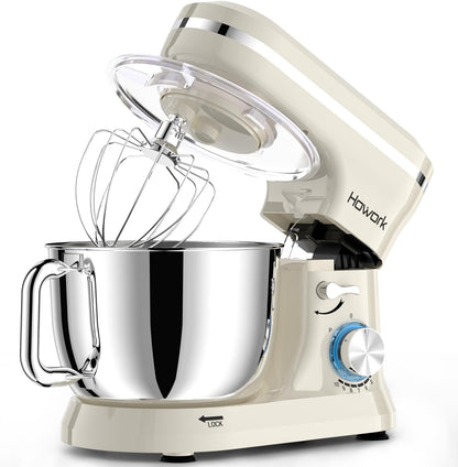 HOWORK Electric Stand Mixer,10+p Speeds With 6.5QT Stainless Steel Bowl,Dough Hook, Wire Whip & Beater,for Most Home Cooks,Cream White