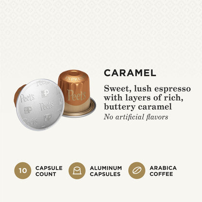 Peet's Coffee, Dark Roast Espresso Capsules Compatible with Nespresso Original Machine, Caramel 10 Count (1 Box of 10 Espresso Capsules) (Pack of 2)