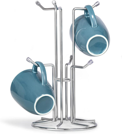 HULISEN Coffee Mug Holder for Countetop, Cup Tree for Counter Large Mugs with 6 Hooks, Metal Cup Holder Stand, Standing Rack Display for Coffee Bar, Silver