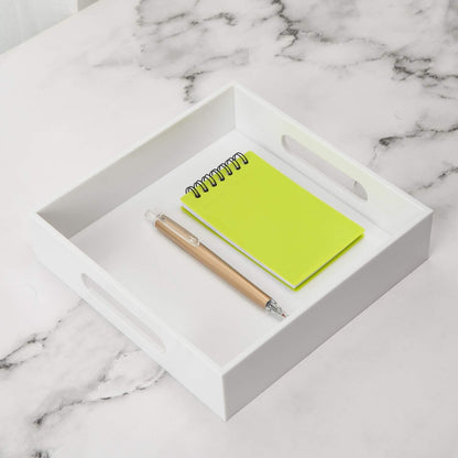 White Sturdy Acrylic Tray with Handles-8x8 Inch- Countertop Organizer Tray for Kitchen,Bathroom,Office- Storage Box for Cosmetics, Jewelry,Toiletries,Toy,Gadgets