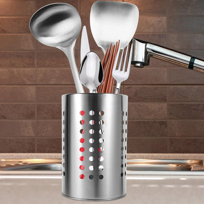 Stainless Steel Kitchen Utensil Holder Flatware Cylinder Silverware Draining Organizer Drying Rack with Round Drain Holes for Forks, Knives, Spoons, Chopsticks