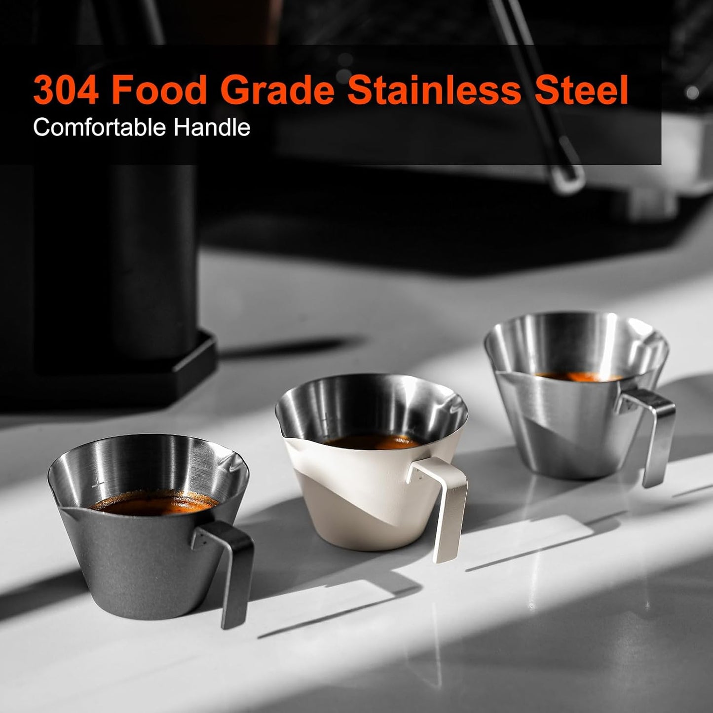 MHW-3BOMBER Espresso Measuring Cups, Double Spouts Stainless Steel Espresso Pour Cup, Espresso Shot Cups with Handle Scale, Metal Measuring Cups with V-Shaped Mouth, 3.4OZ/100ML Black G5148B-OS