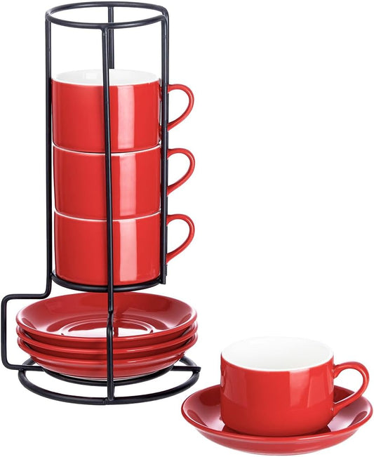 2.5oz Porcelain Stackable Espresso Cups with Saucers and Metal Stand Set of 4, Stackable Cappuccino Cups, Red Expresso Shots Cup Set for Coffee Drinks, Latte, Tea