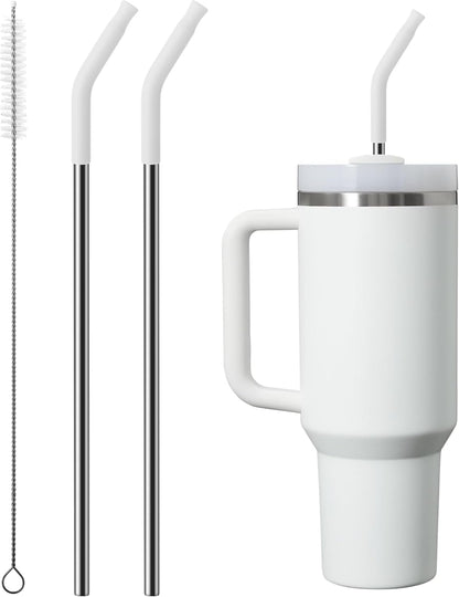 Repeatable Metal Straw with Silicone Tips for 30 oz Stanley Tumbler, 2 Pcs 30 oz Stainless Steel Straws Replacement for Stanley Tumbler, 1 Straw Brush, BPA Free（White）