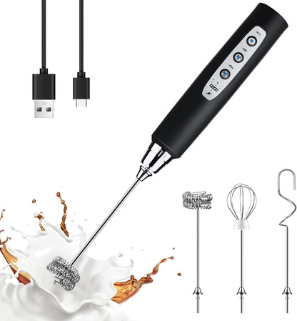 YUSWKO Black Handheld Milk Frother Wand for Coffee, Rechargeable Electric Whisk with 3 Heads 3 Speeds Drink Mixer Coffee Frother For Latte, Cappuccino, Hot Chocolate, Egg