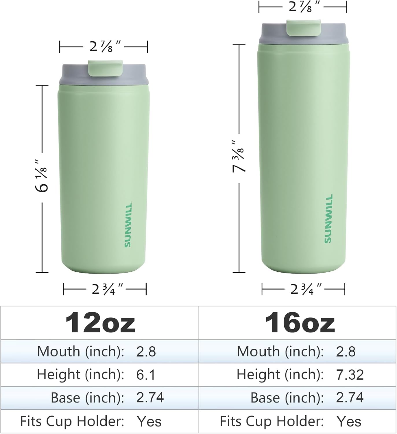 SUNWILL Travel Coffee Mug with Lid, Stainless Steel Coffee Tumbler Cups 16 oz Leakproof, Powder Coated Matcha