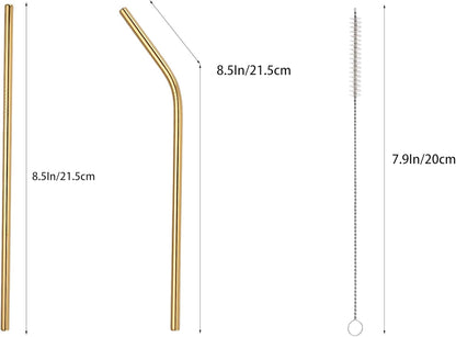 10 Pcs Stainless Steel Straws, Reusable Drinking Straws, 5 Straight + 5 Bent Metal Straws Set With 2 Pcs Cleaning Brushes (Gold, 8.5 Inch)