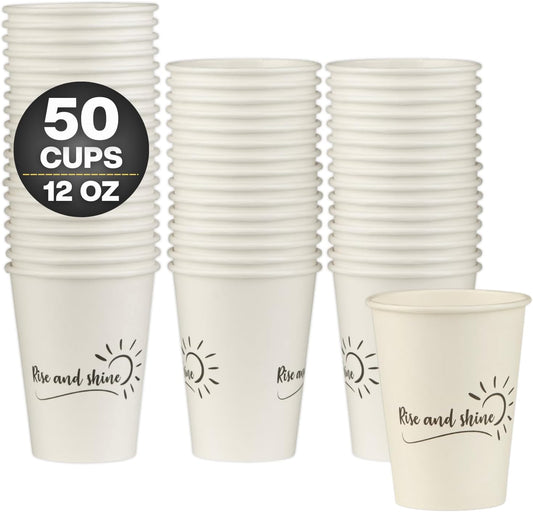 Smygoods Disposable Coffee Cups, To Go Paper Hot Cups, Rise and Shine Design (12 OZ, 50 Count) For Hot Beverages, Coffee, Tea, Espresso, Cocoa - Vasos Para Cafe