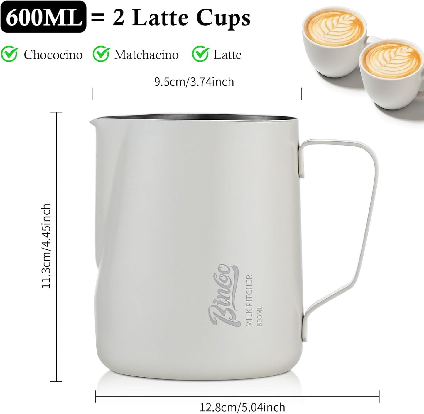 Milk Frothing Pitcher - 600ml/20oz Milk Frother Cup Espresso Steaming Pitcher for Barista, Bincoo SUS304 Stainless Steel Espresso Steaming Pitchers for Latte Art/Cappuccino/Coffee/Milk (White-600ml)