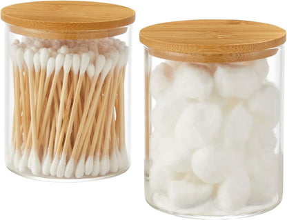 Glass Qtip Holder Dispenser with Bamboo Lid - 2 Pack Apothecary Jars - Cotton Balls Pads Swabs Holder Jar - Bathroom Vanity Canisters Jars for Countertop Storage and Organization