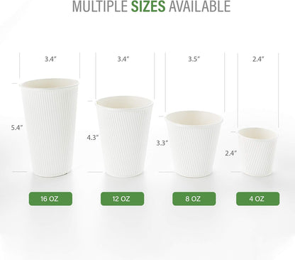 Restaurantware 8 Ounce Double Wall Disposable Coffee Cups, 500 Insulated White Paper Tumblers with Ripple Wall Design, Lids Sold Separately for Hot Drinks like Tea, Hot Chocolate, and More