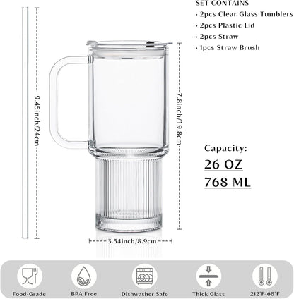 INSETLAN 26oz Glass Tumbler with Handle & Lid – 2-Pack Large Iced Coffee Cups with Straws, Modern Glass Mug for Cold & Hot Beverages, Aesthetic Travel Cup for Smoothies, Tea, and Juice